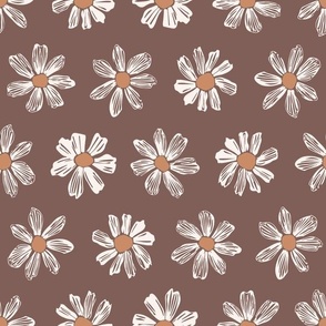 Farm Blooms / medium scale / dark brown cute and sweet abstract flowers pattern for the modern farmhouse