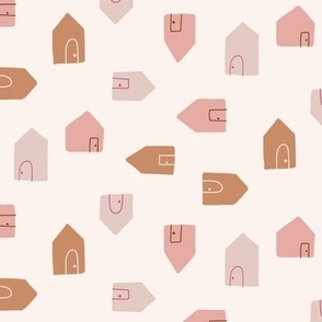 Tiny Houses / medium scale / beige playful and sweet minimal multicolor four-directional pattern design 