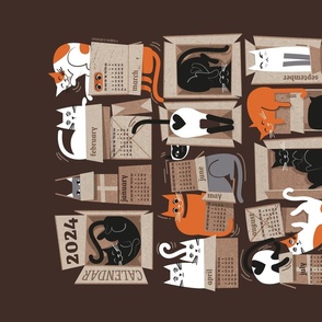 All packaged for 2024 // tea towel or wall hanging calendar dark oak brown background cute cats in cardboard boxes // purfect feline architecture
