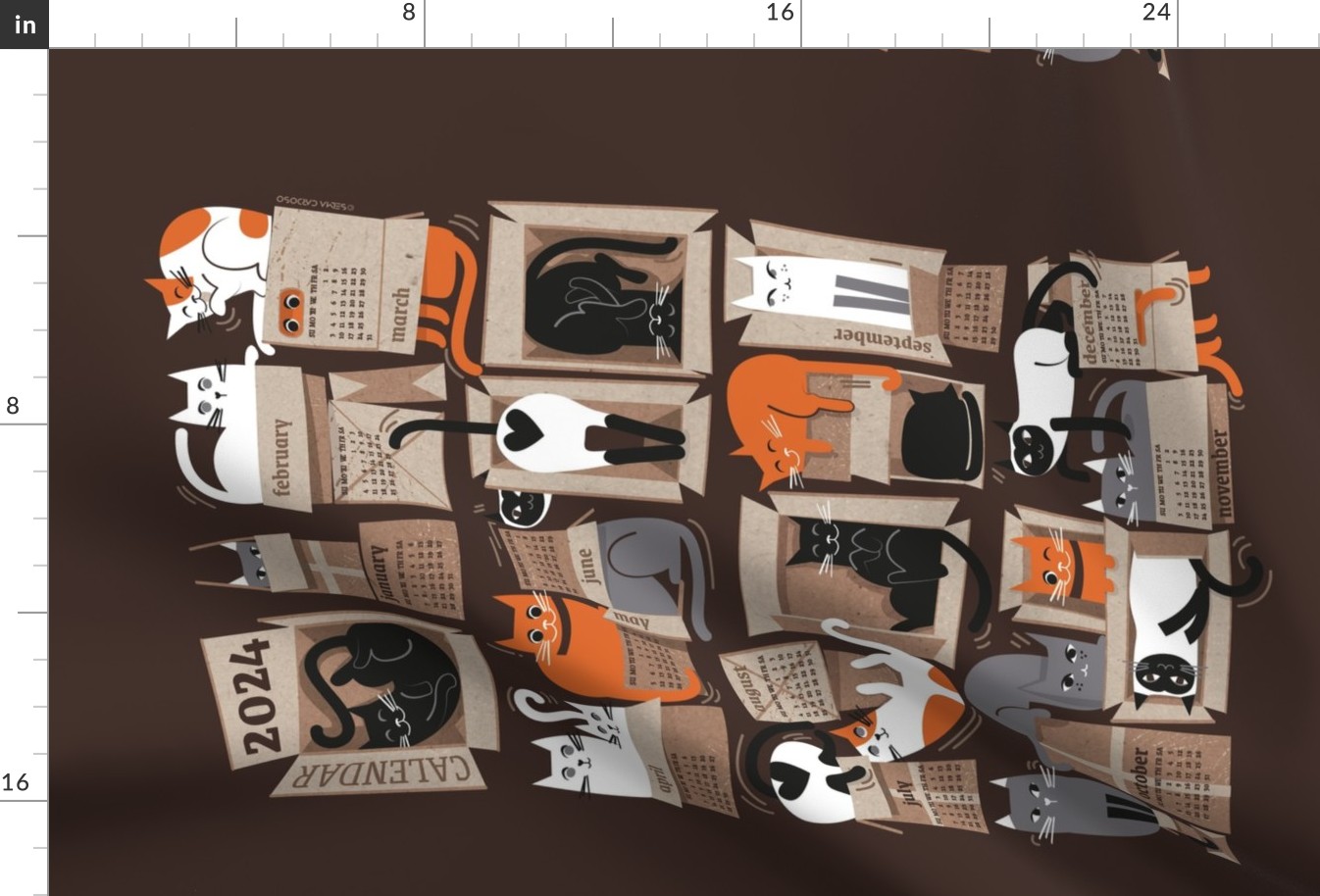 All packaged for 2024 // tea towel or wall hanging calendar dark oak brown background cute cats in cardboard boxes // purfect feline architecture