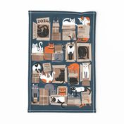 All packaged for 2024 // tea towel or wall hanging calendar nile blue background cute cats in cardboard boxes // purfect feline architecture