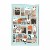 All packaged for 2024 // tea towel or wall hanging calendar aqua background cute cats in cardboard boxes // purfect feline architecture