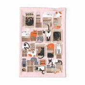 All packaged for 2024 // tea towel or wall hanging calendar cotton candy pastel pink background cute cats in cardboard boxes // purfect feline architecture