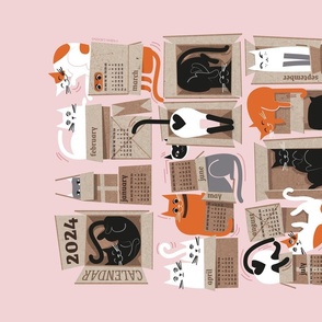 All packaged for 2024 // tea towel or wall hanging calendar cotton candy pastel pink background cute cats in cardboard boxes // purfect feline architecture