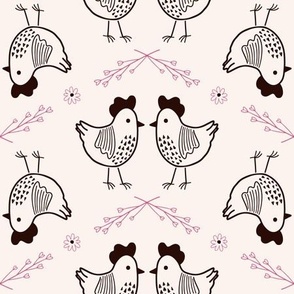 Cute Chicken / medium scale / beige charcoal pink playful and sweet farm animal pattern with chicken for the modern farmhouse