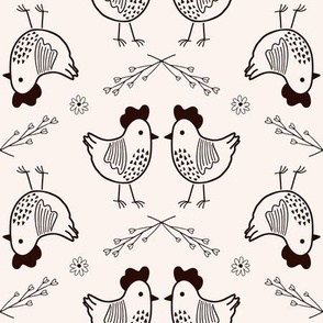 Cute Chicken / medium scale / beige charcoal playful and sweet farm animal pattern with chicken for the modern farmhouse