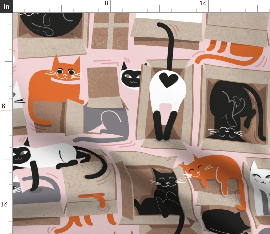 Large jumbo scale // Purfect feline architecture // cotton candy pastel pink background cute cats in cardboard boxes 