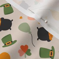 Groovy Saint Patrick's Day icons - Irish St Paddies balloons rainbow with pot of gold hats and shamrock vintage green olive red orange on sand 