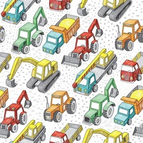 construction trucks and cars with geometrical pattern