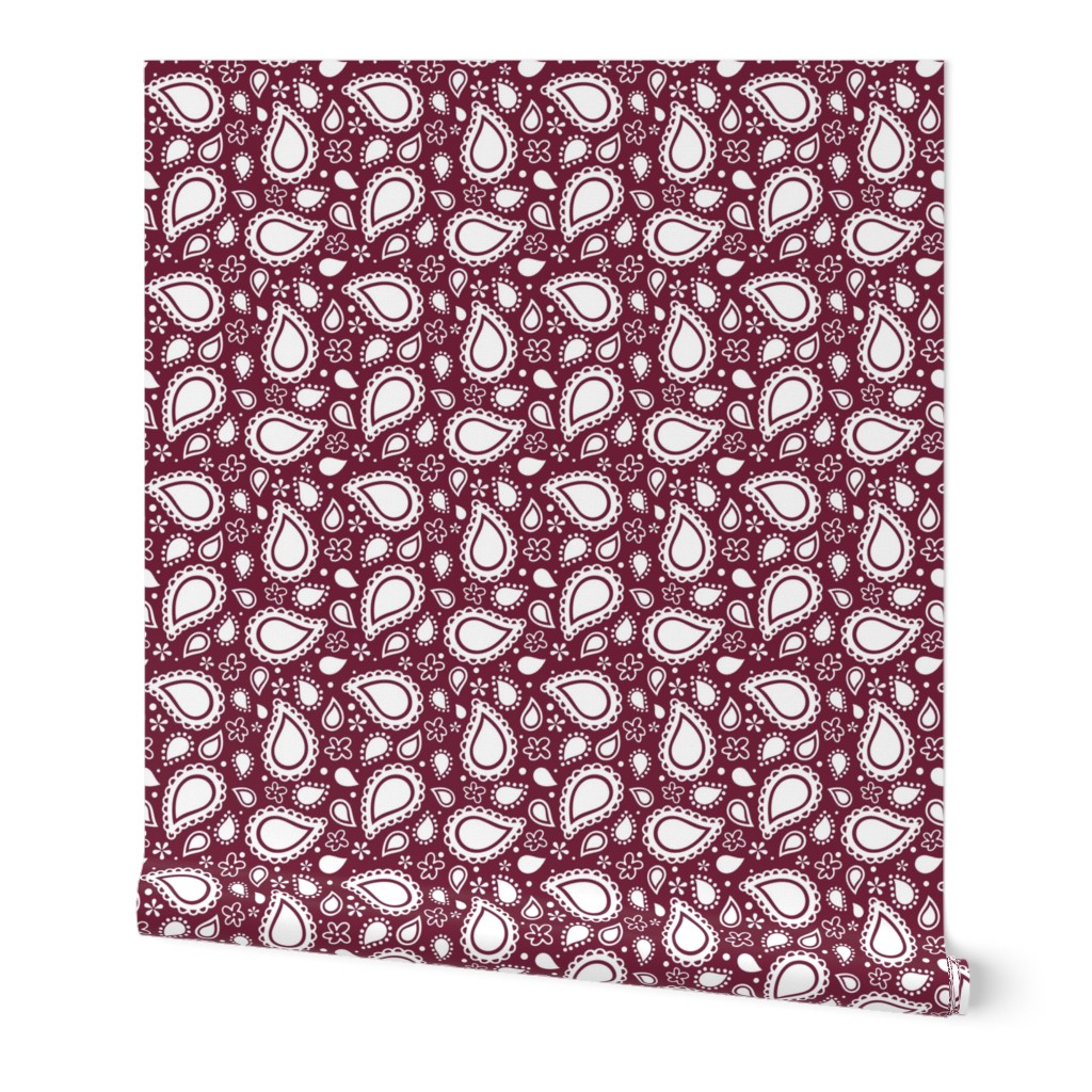 Medium Scale Playful Paisley Bandana  White on Burgundy Wine