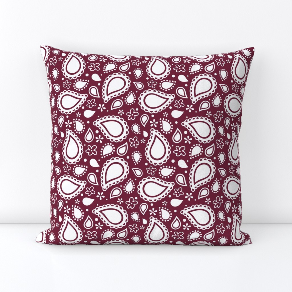 Medium Scale Playful Paisley Bandana  White on Burgundy Wine