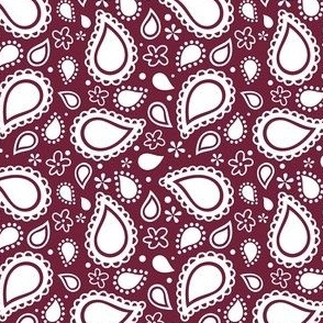 Small Scale Playful Paisley Bandana  White on Burgundy Wine