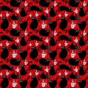 black cats and coffee mugs on crimson red | small