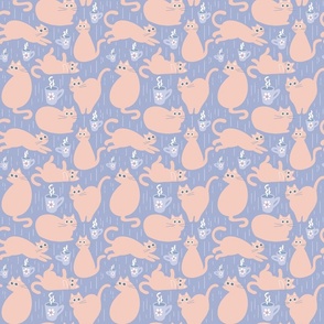 peachy pink cats and coffee mugs on lavender gray | small