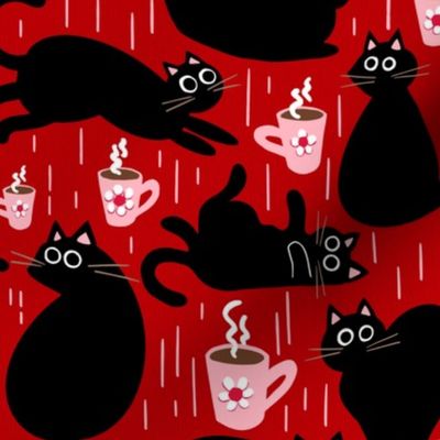 black cats and pink coffee mugs on ruby red | medium