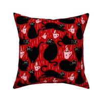 black cats and pink coffee mugs on ruby red | medium