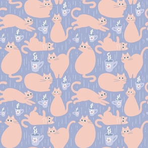 peachy pink cats and coffee mugs on lavender gray | medium