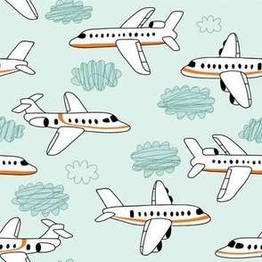 doodle airplanes with clouds blue background