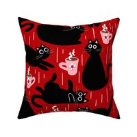 black cats and coffee mugs on crimson red | large