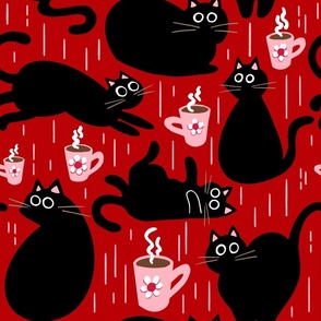 black cats and coffee mugs on crimson red | large