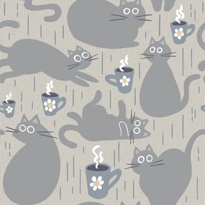 gray cats and coffee mugs on neutral gray | large