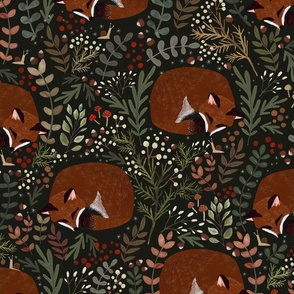 Autumn Forest Finds - Woodland foxes sleeping dark green L