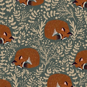 Autumn Forest Finds - Woodland foxes sleeping green and beige L