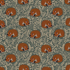 Autumn Forest Finds - Woodland foxes sleeping green and beige M