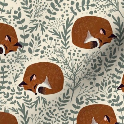 Autumn Forest Finds - Woodland foxes sleeping green leaves M