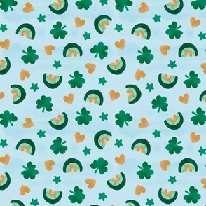 St Patrick' Day watercolor rainbows shamrock and hearts golden mint green on baby blue