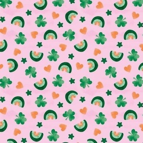 St Patrick' Day watercolor rainbows shamrock and hearts orange green on pink