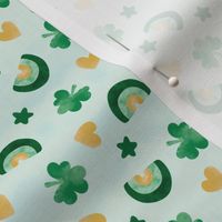 St Patrick' Day watercolor rainbows shamrock and hearts mustard green on mist