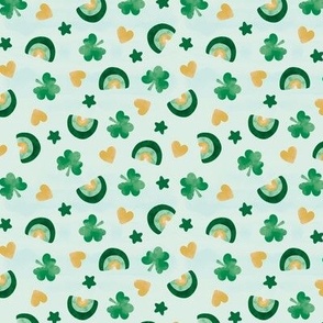 St Patrick' Day watercolor rainbows shamrock and hearts mustard green on mist
