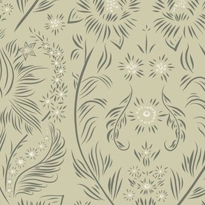medium scale //floral wallpaper - creamy white_ limed ash green_ thistle green - elegant flowers