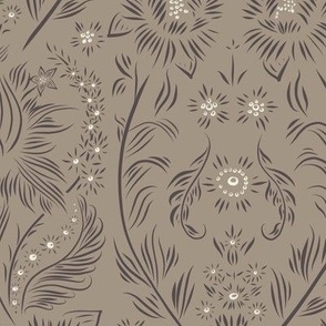 medium scale //floral wallpaper - creamy white_ khaki brown_ purple brown - elegant flowers