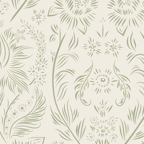 medium scale //floral wallpaper - creamy white_ light sage green - elegant flowers