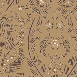 medium scale //floral wallpaper - creamy white_ lion gold_ purple brown - elegant flowers