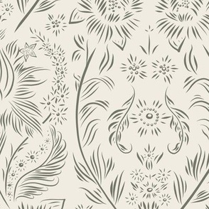 medium scale //floral wallpaper - creamy white_ limed ash green - elegant flowers