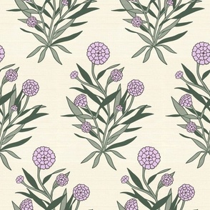 fiona | marigold leafy floral in lavender with neutral leafs on off white linen texture
