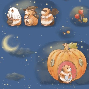 Guinea pig trick or treaters visit a pumpkin house 