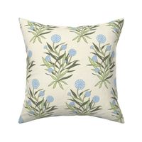 fiona | marigold leafy florals in soft blue on off white linen texture