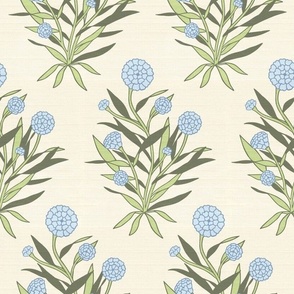 fiona | marigold leafy florals in soft blue on off white linen texture