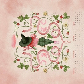 2024 Celestial strawberry witch wall hanging calendar. Pink snake with moon and fruit