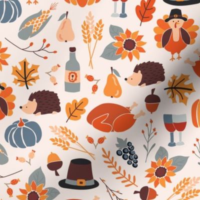 Retro Thanksgiving Turkey, Pumpkins, Sunflowers, Leaves  - M