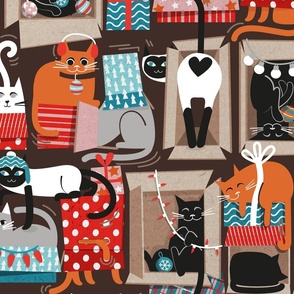 Large jumbo scale // Purfect Christmas gifts // dark oak brown background cute cats in cardboard red and teal wrapped boxes and holiday ornaments ribbons balls and lights 