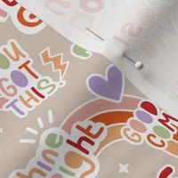 Positive vibes and happy affirmation stickers back to the nineties - freehand retro feminist quote rainbow text design to cheer you up lilac green red on sand beige