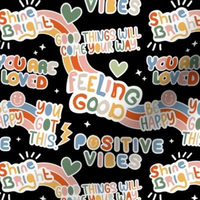 Positive vibes and happy affirmation stickers back to the nineties - freehand retro feminist quote rainbow text design to cheer you up vintage red yellow faded palette blush orange on black