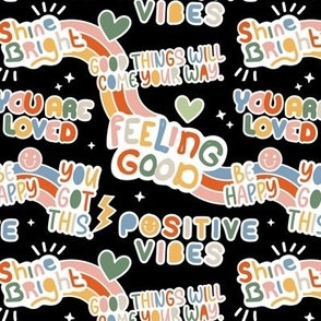 Positive vibes and happy affirmation stickers back to the nineties - freehand retro feminist quote rainbow text design to cheer you up vintage red yellow faded palette blush orange on black