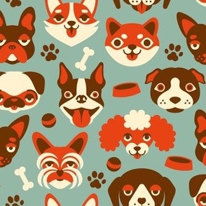 My Favorite People Are Dogs - Cute Dog Faces - Retro Robin Egg Blue + Orange / Red