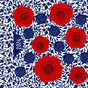 Bloom & Thrive, calendar 2024, deep cobalt blue chinoiserie and poppy red blossoms